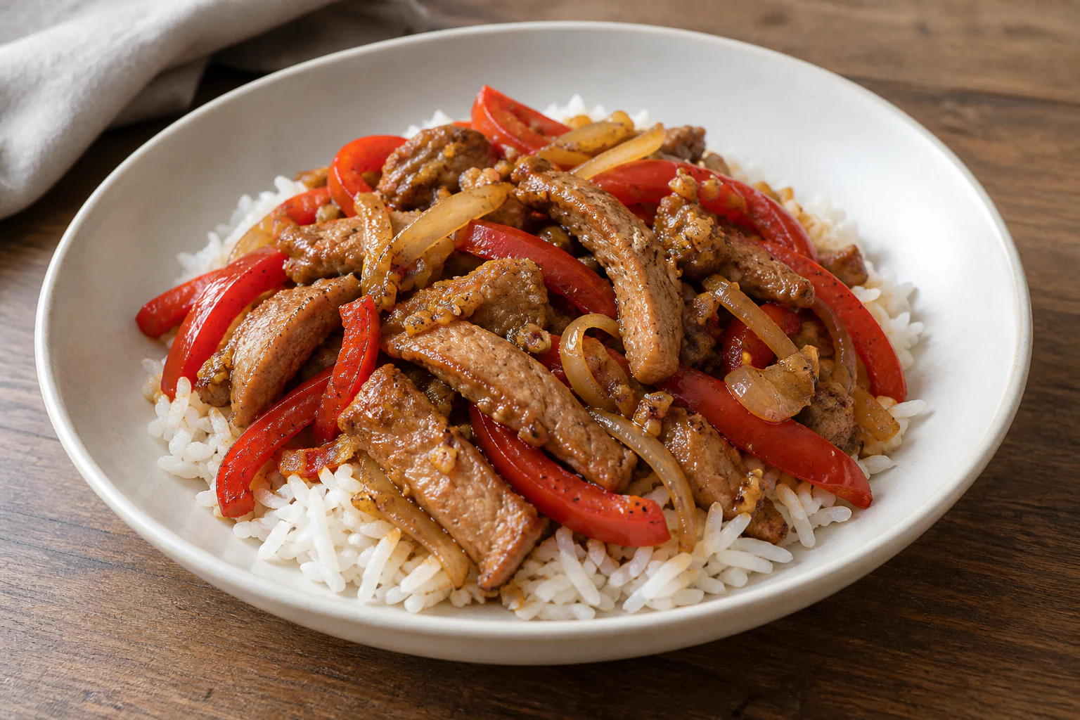Porc sauté aux poivrons rouges avec gingembre et sauce soja servi avec du riz