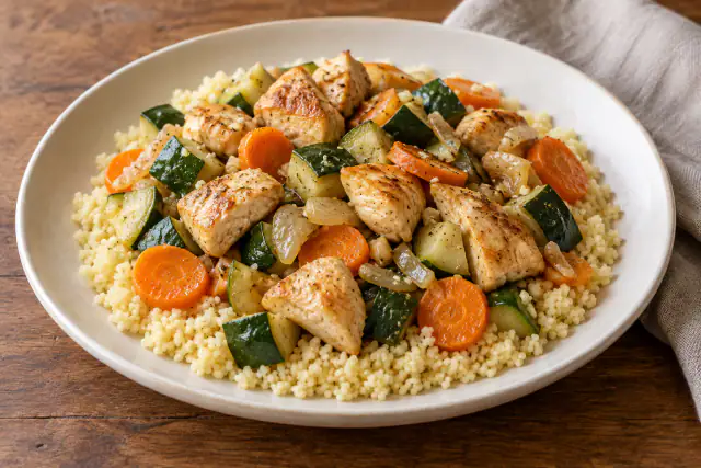 Poulet sauté aux légumes et semoule, plat terminé prêt à servir