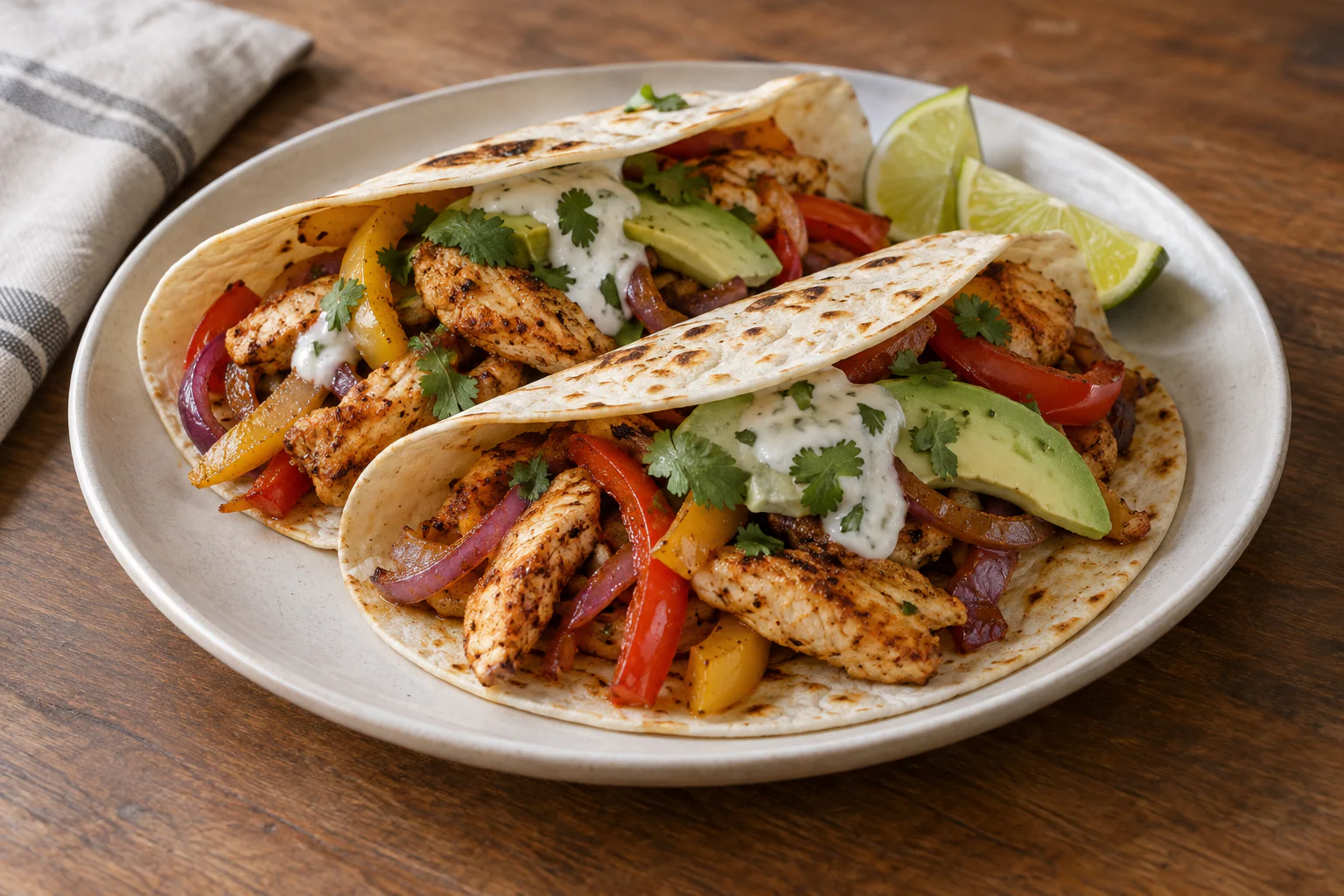Fajitas garnies de poulet doré, poivrons colorés, oignons et sauce au yaourt