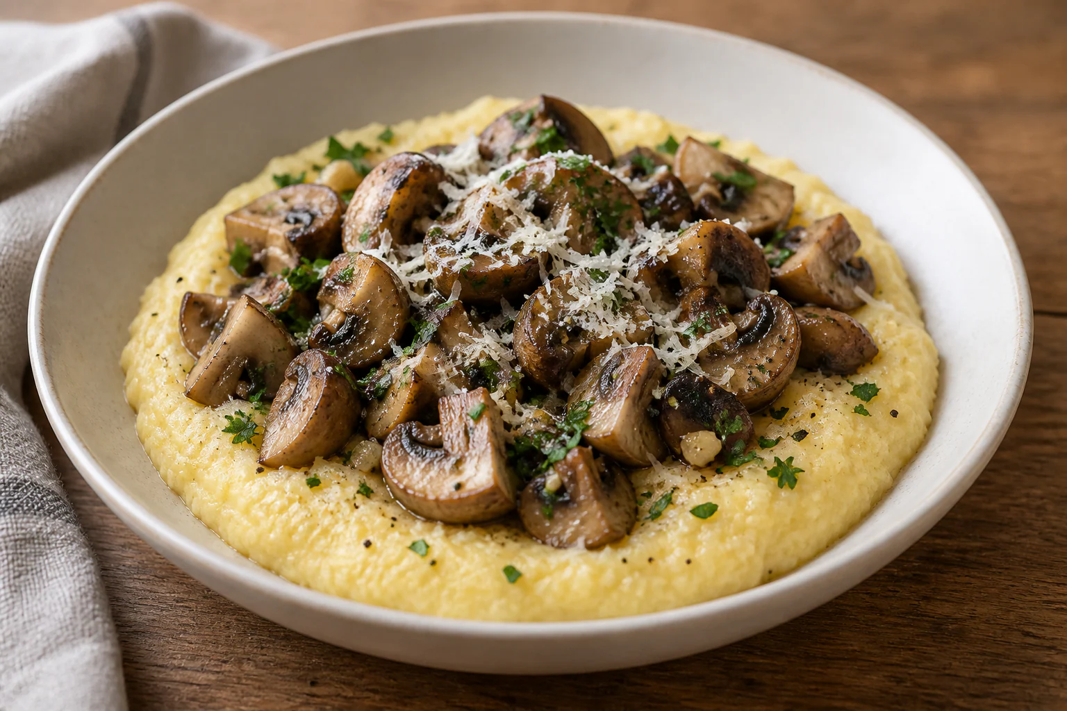 Polenta crémeuse au Parmesan garnie de champignons dorés et persil