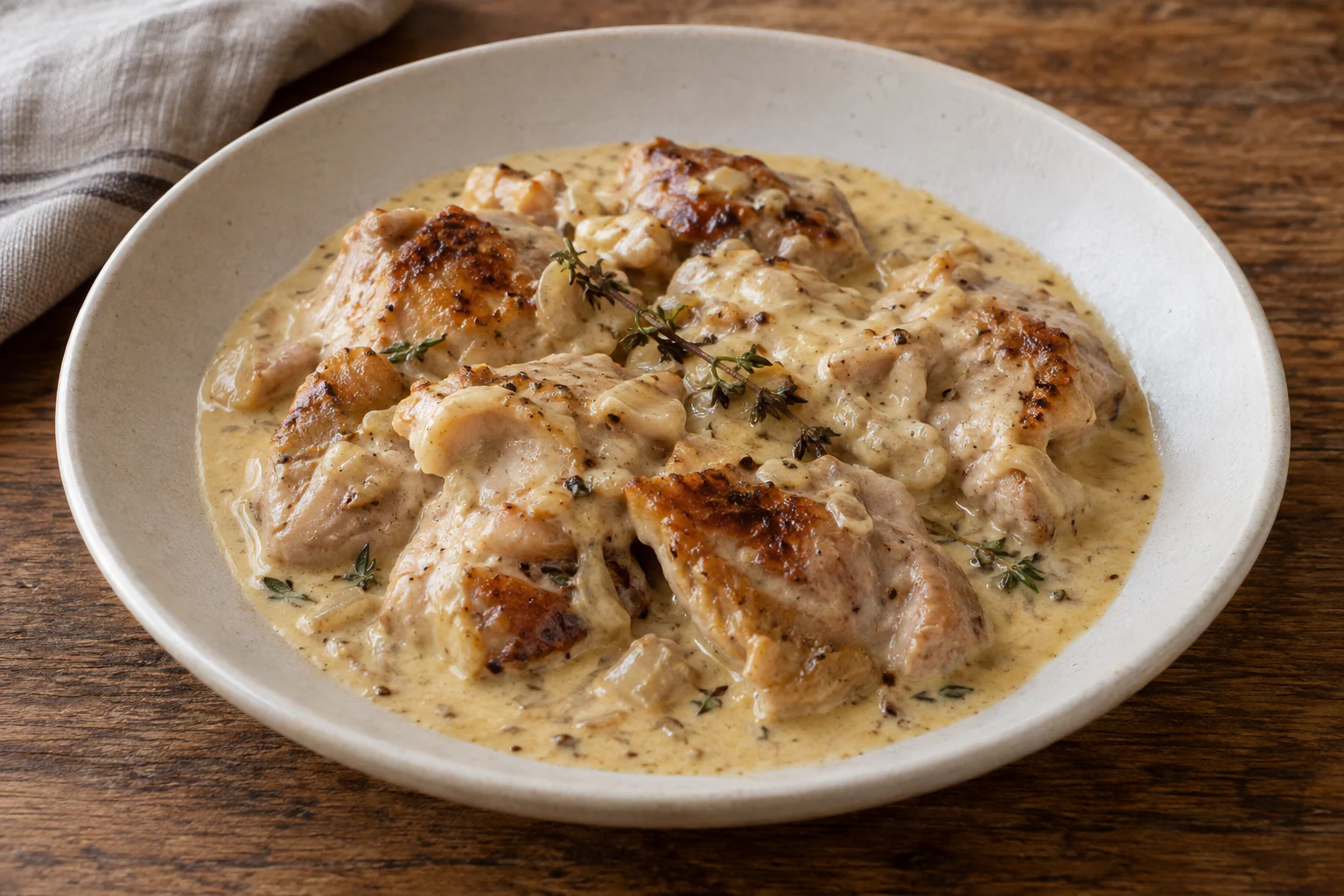 Poulet doré nappé d’une sauce crémeuse au Maroilles avec échalotes