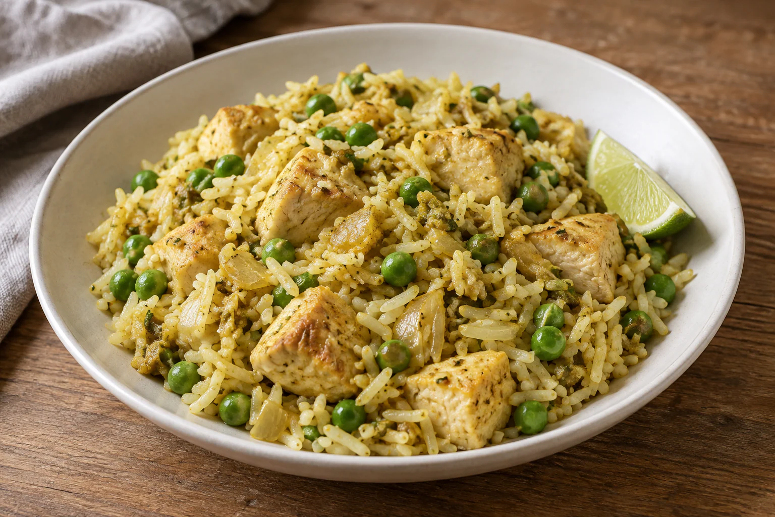 Poulet au curry avec riz basmati jaune et petits pois dans une sauteuse