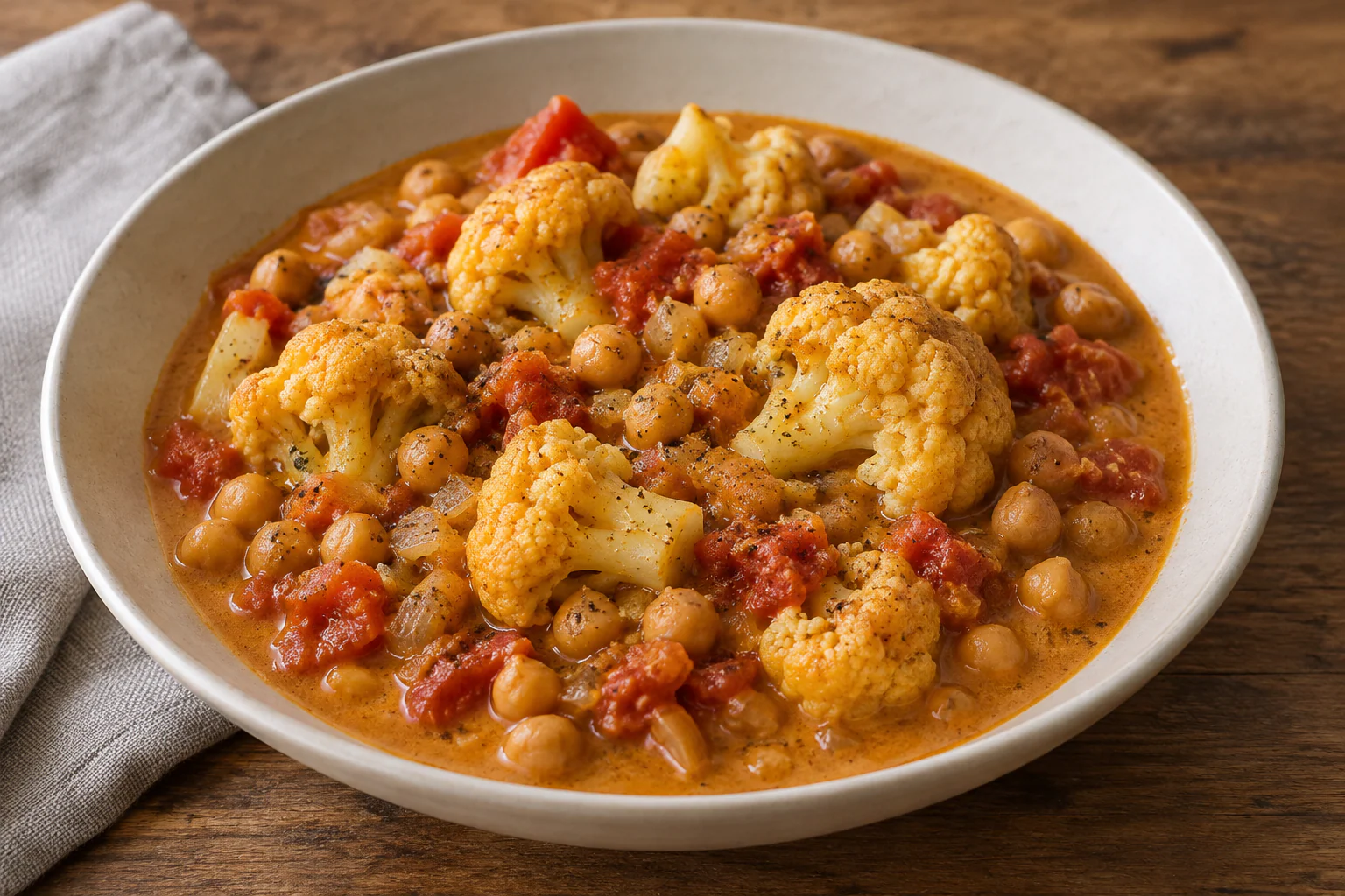 Curry de chou-fleur et pois chiches dans une sauce tomate au lait de coco