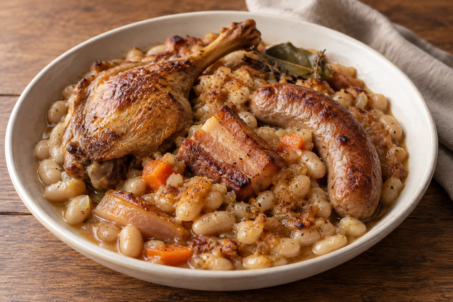 Cassoulet toulousain traditionnel avec haricots blancs, cuisses de canard confites et saucisse dorée