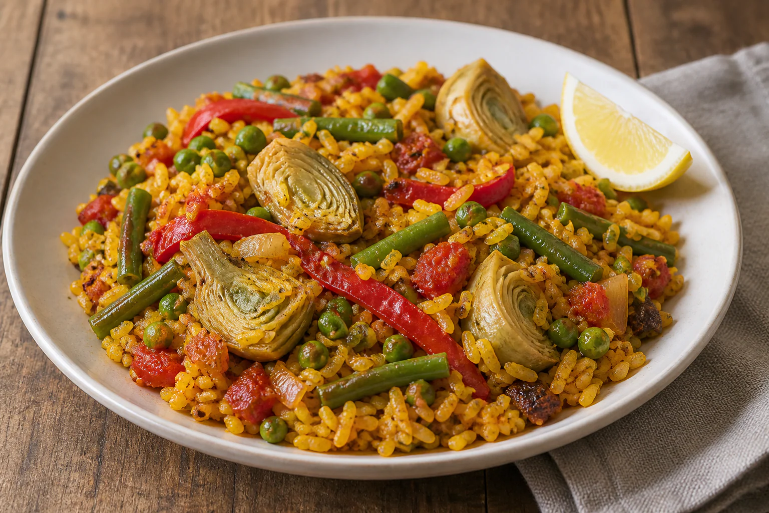 Paella végétarienne dorée aux artichauts, poivrons, haricots verts et petits pois