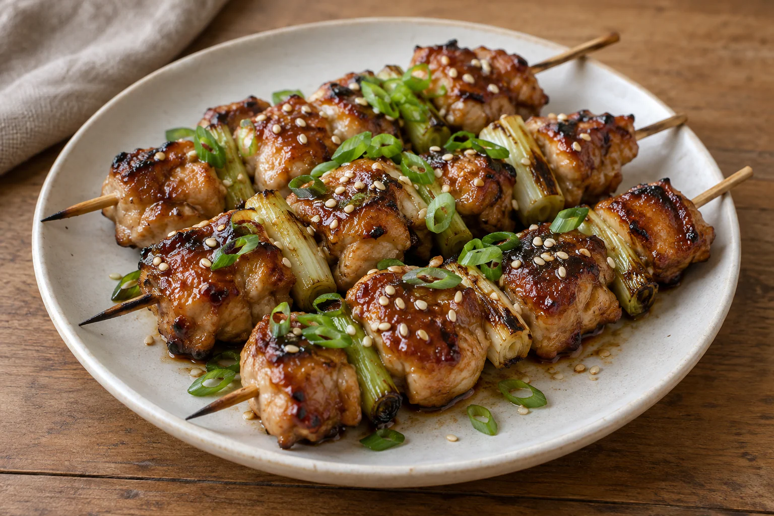 Brochettes yakitori de poulet laquées avec cébettes grillées et sésame