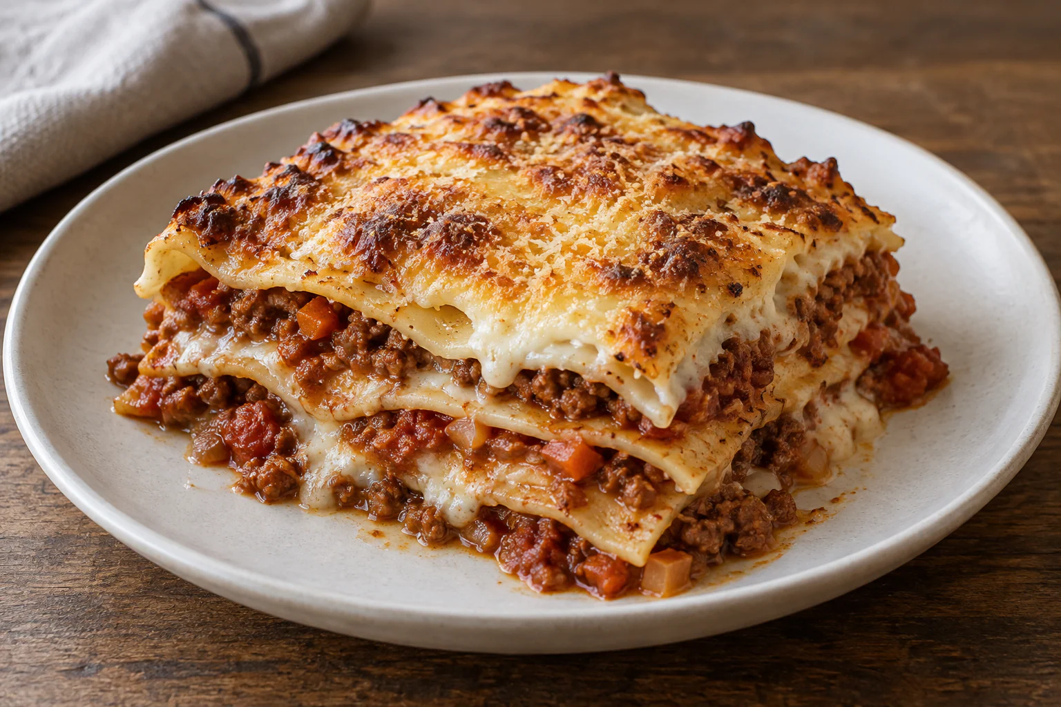 Part de lasagnes bolognaise maison avec couches de pâtes, bœuf, béchamel et parmesan doré