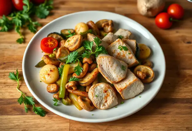 Poêlée de poulet aux légumes du soleil et champignons