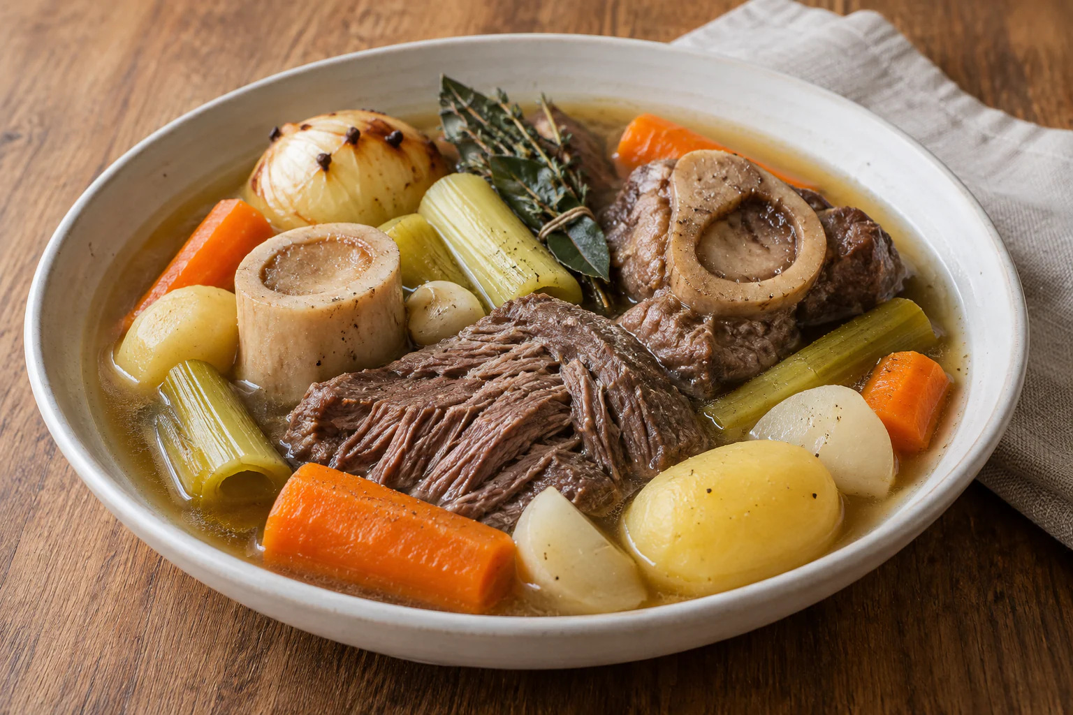 Pot-au-feu de bœuf traditionnel avec paleron, jarret, carottes, poireaux, navets et bouillon clair