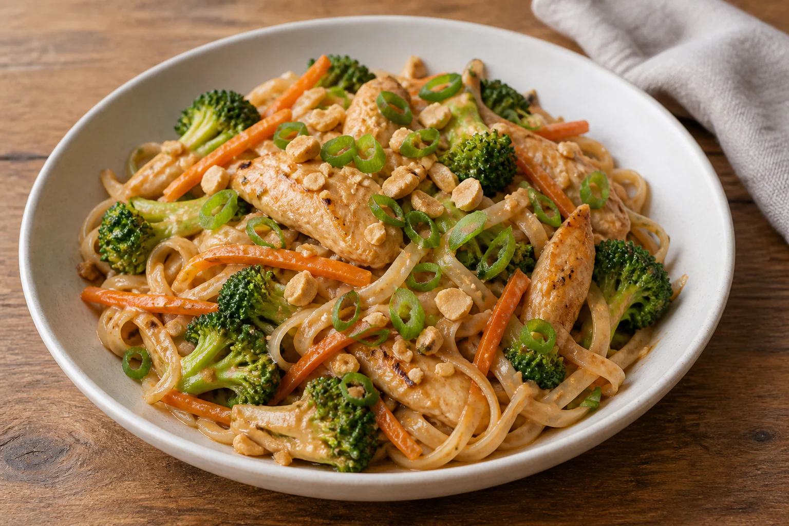 Nouilles de riz au poulet et légumes nappées de sauce cacahuète