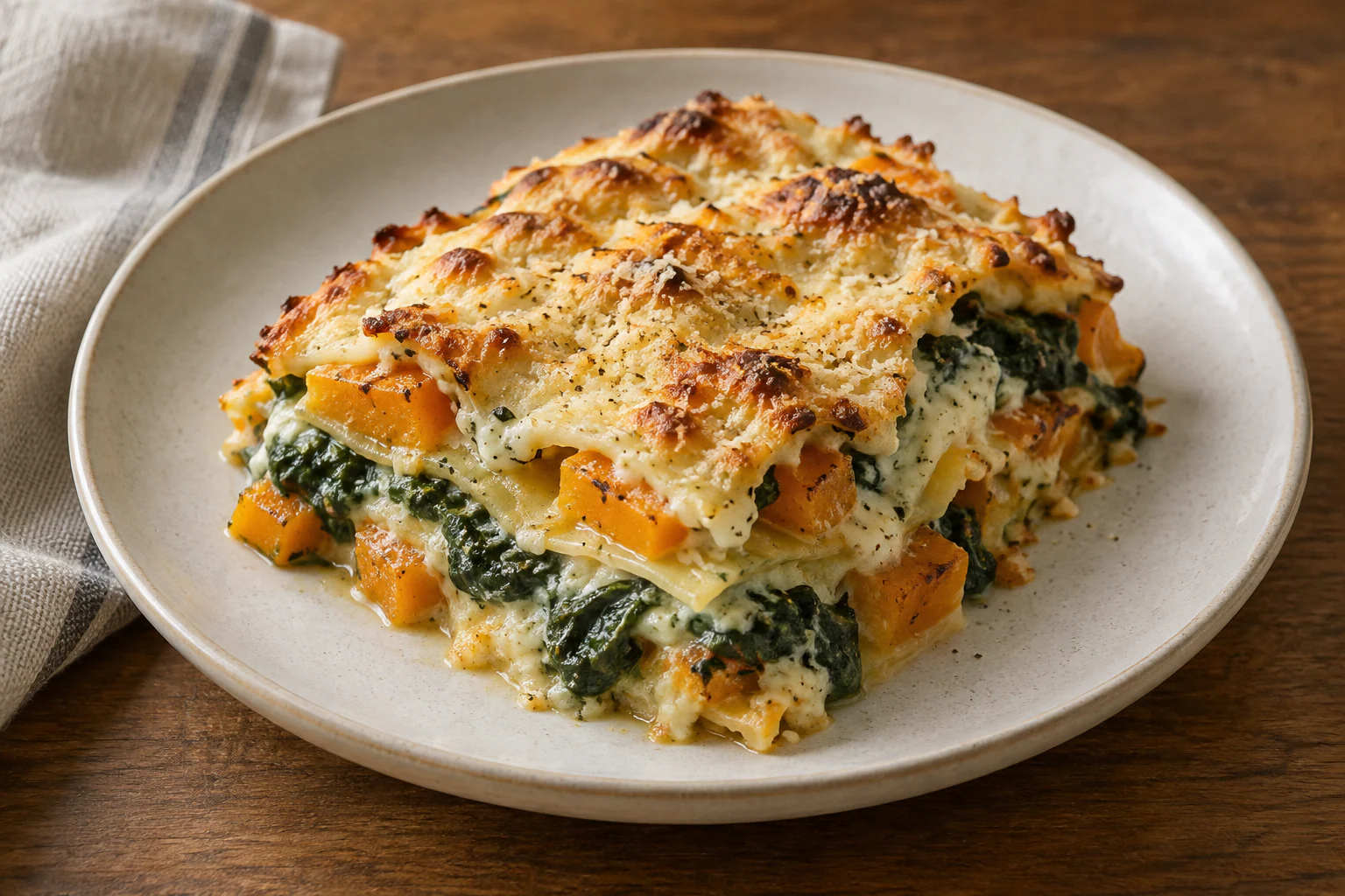 Part de lasagnes végétariennes en couches de butternut, épinards et béchamel dorée