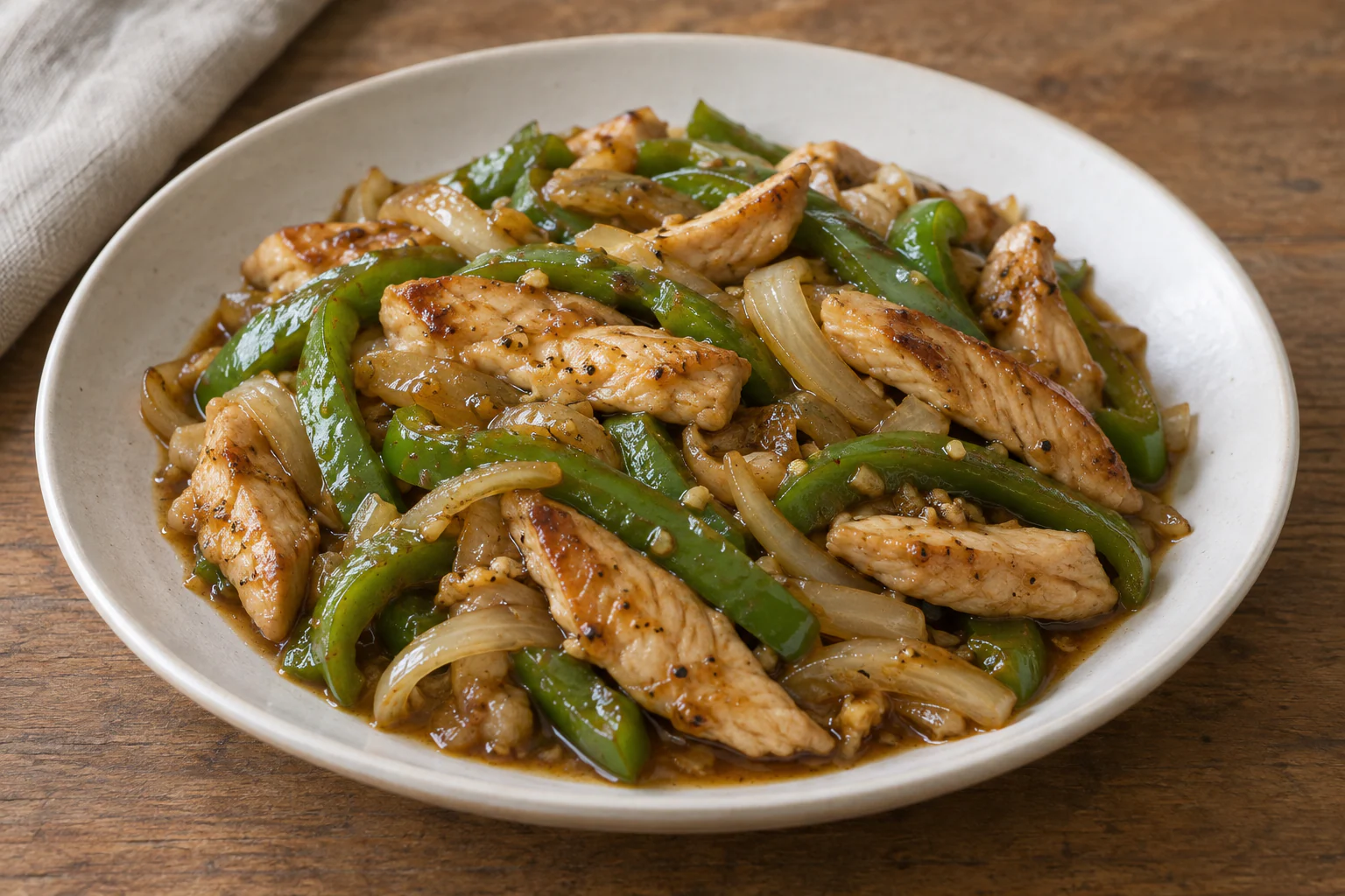 Poulet sauté doré avec lamelles de poivron vert et gingembre dans un wok