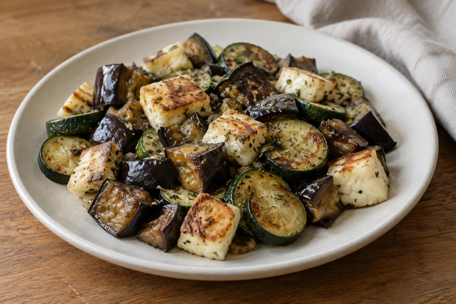 Poêlée méditerranéenne d'Halloumi, aubergine et courgettes, suggestion de présentation
