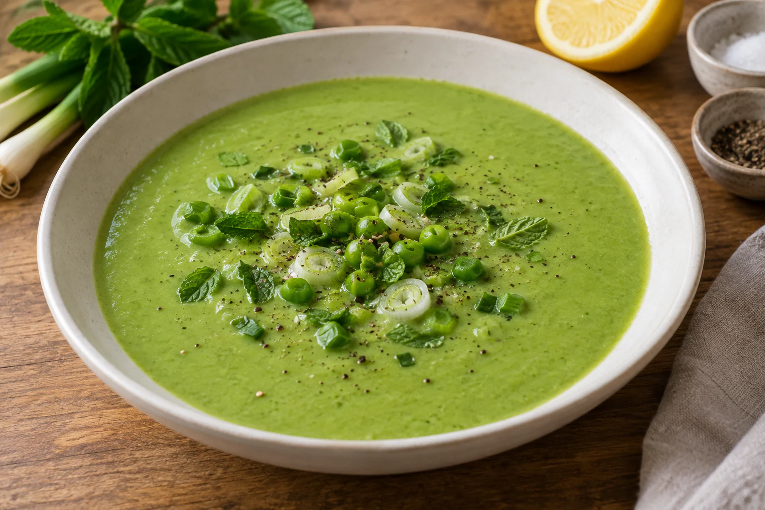 Velouté froid vert vif de petits pois avec menthe fraîche et filet de yaourt