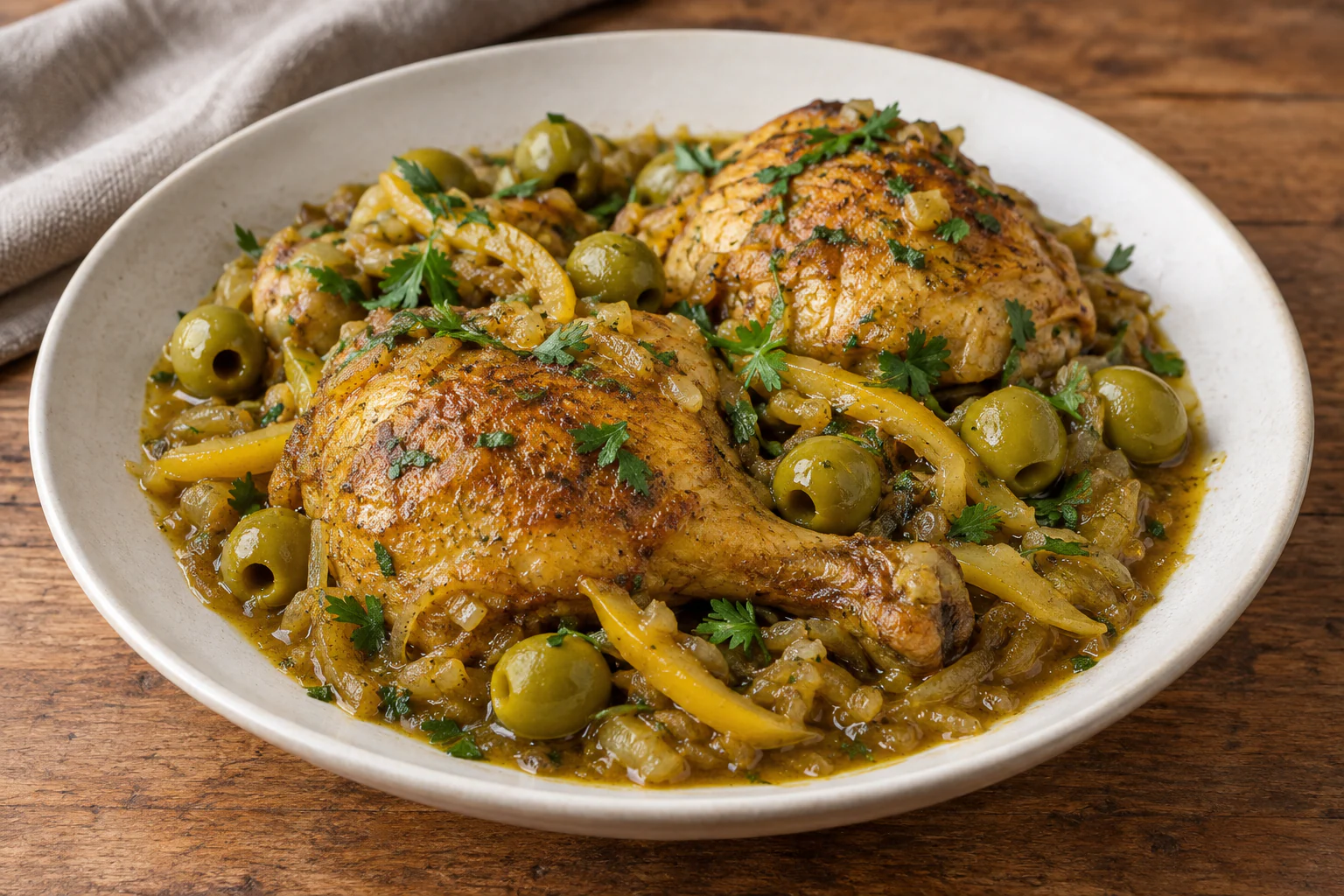 Tajine de poulet au citron confit avec olives vertes, oignons et coriandre