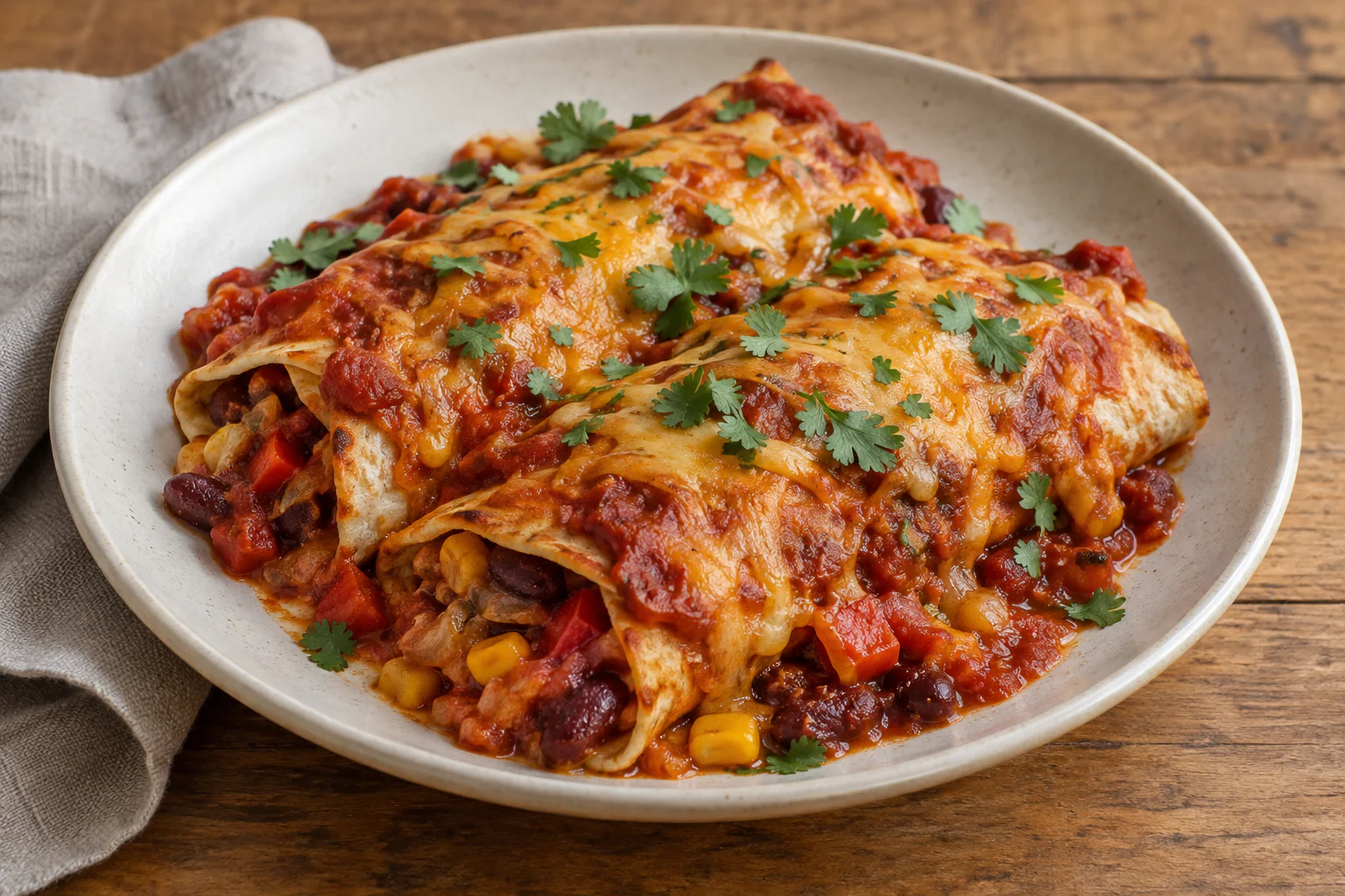 Enchiladas végétariennes gratinées au cheddar avec haricots rouges, poivrons et maïs