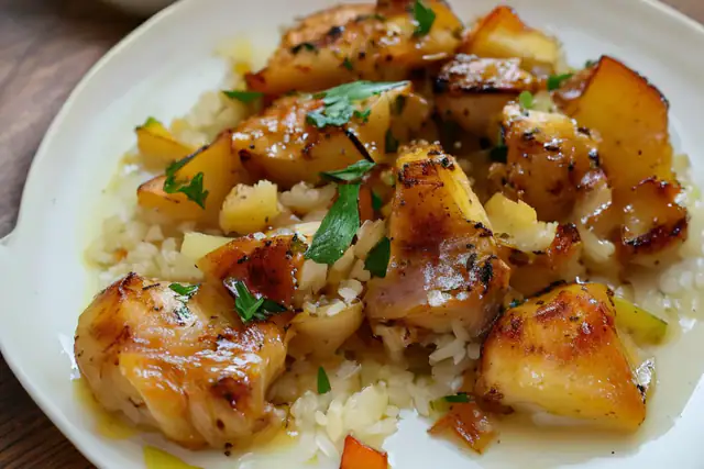 Poêlée de poulet, pommes de terre et riz fondant