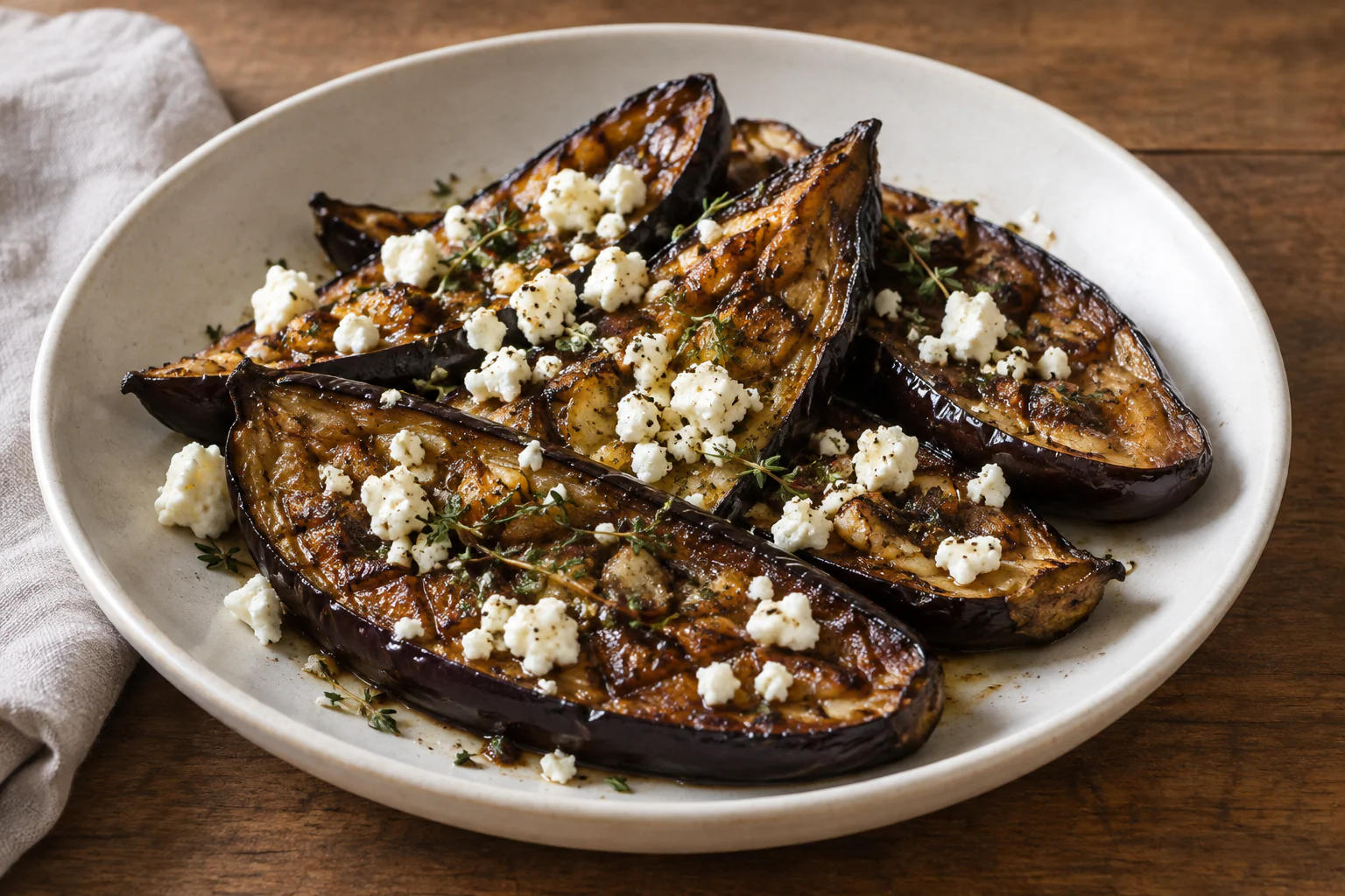 Quartiers d’aubergines rôties et caramélisées avec feta émiettée et thym