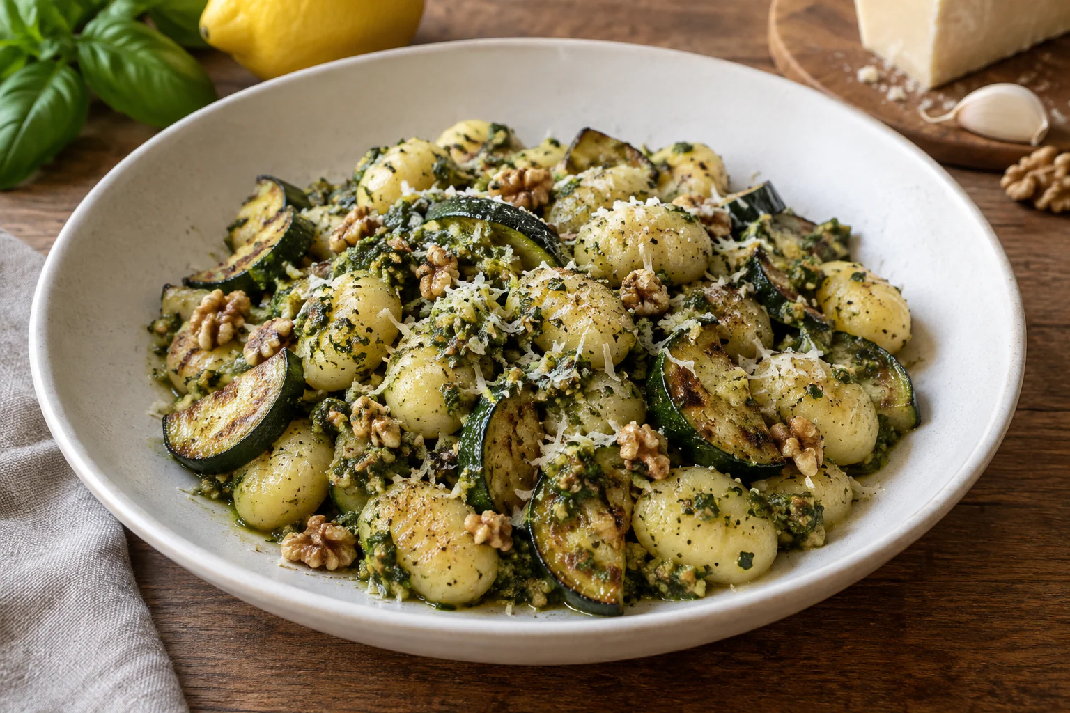 Gnocchi dorés aux courgettes avec pesto de basilic, parmesan et noix