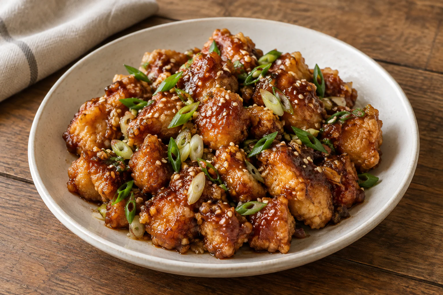 Poulet Général Tao croustillant et brillant avec cébettes et graines de sésame