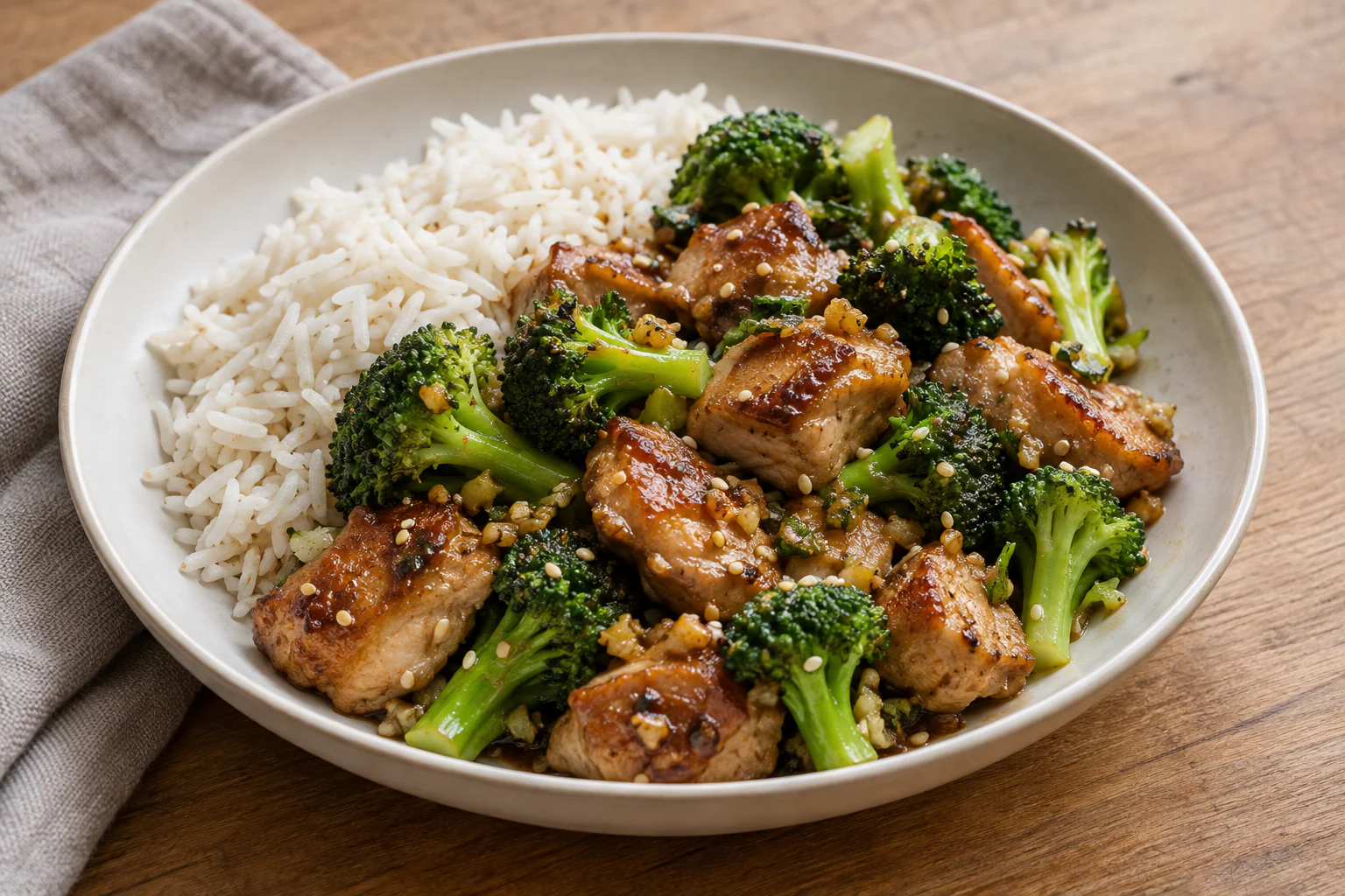 Poulet sauté au brocoli dans une sauce soja brillante avec graines de sésame