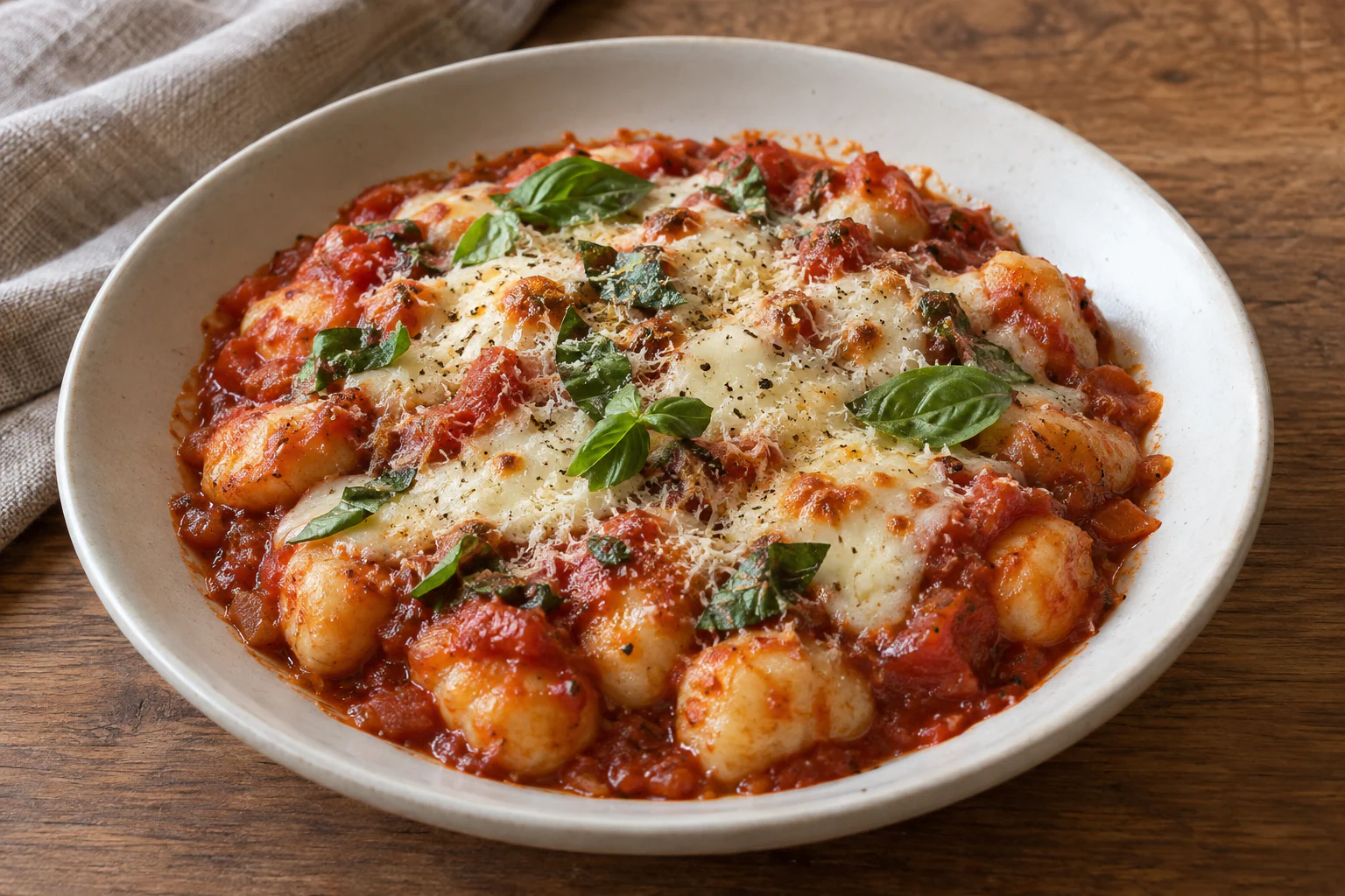 Gnocchi à la tomate gratinés avec mozzarella filante, parmesan doré et basilic