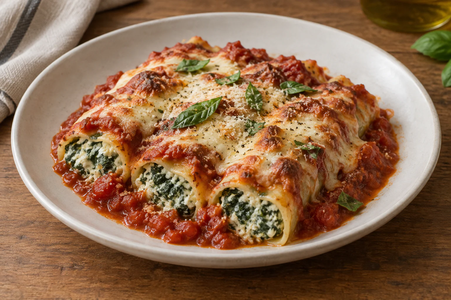 Cannelloni ricotta-épinards gratinés sous une sauce tomate et mozzarella dorée