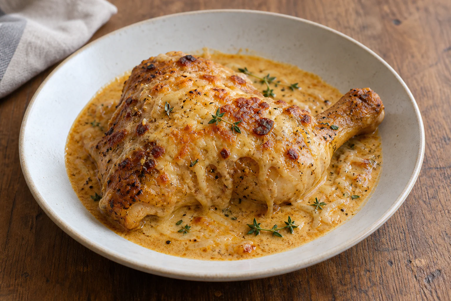 Poulet Gaston Gérard gratiné au Comté dans une sauce crémeuse à la moutarde