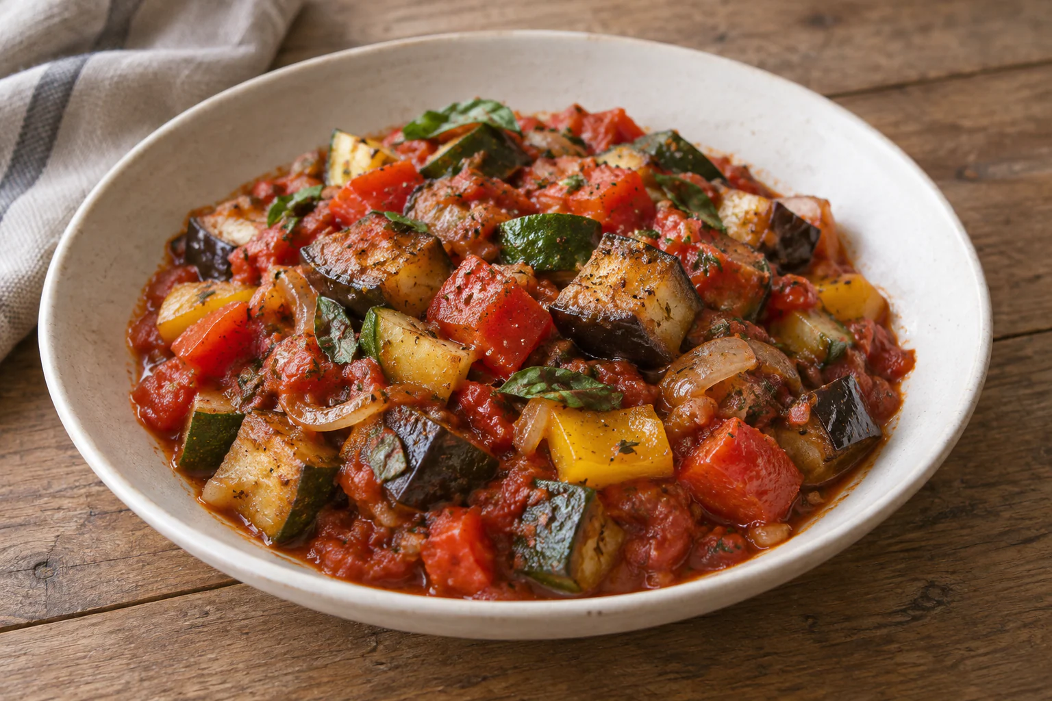 Ratatouille provençale colorée avec aubergines, courgettes, poivrons et tomates