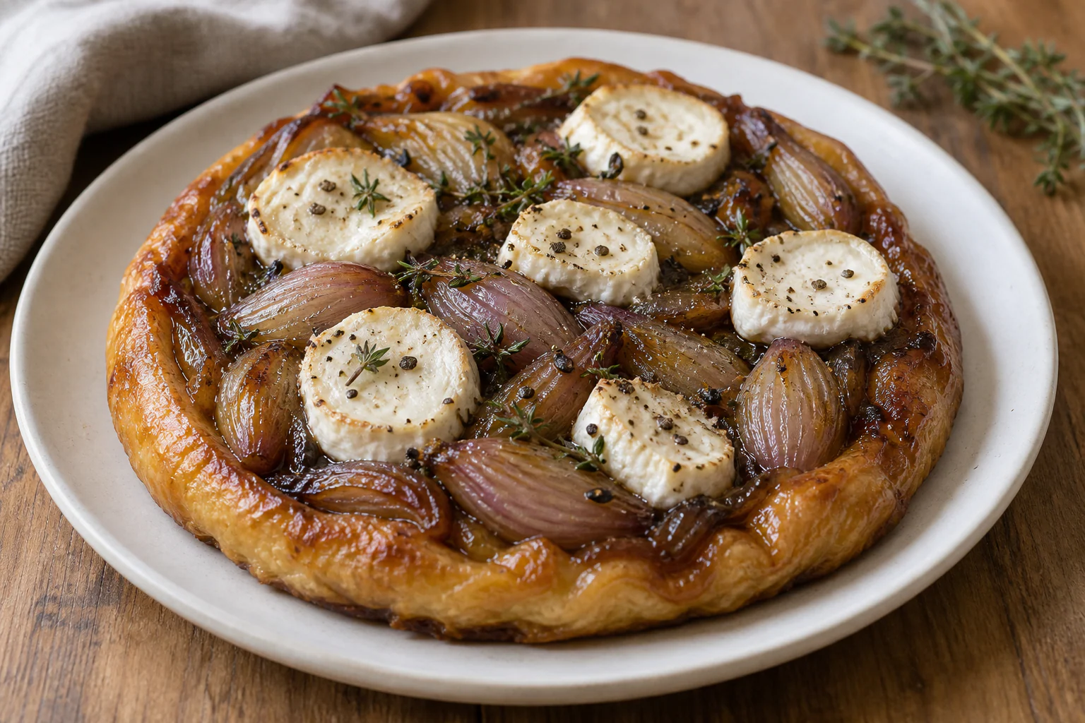 Tarte tatin renversée aux échalotes caramélisées, chèvre, miel et thym