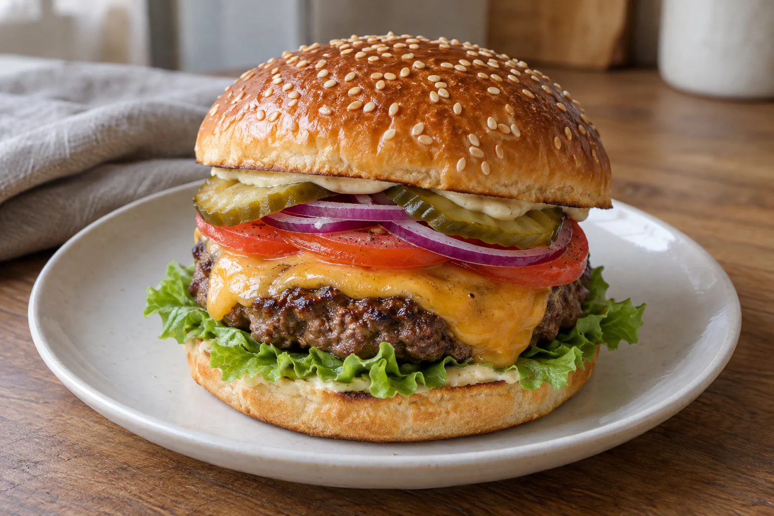 Burger maison au steak de bœuf, cheddar fondu, tomate, salade, cornichons et pain doré