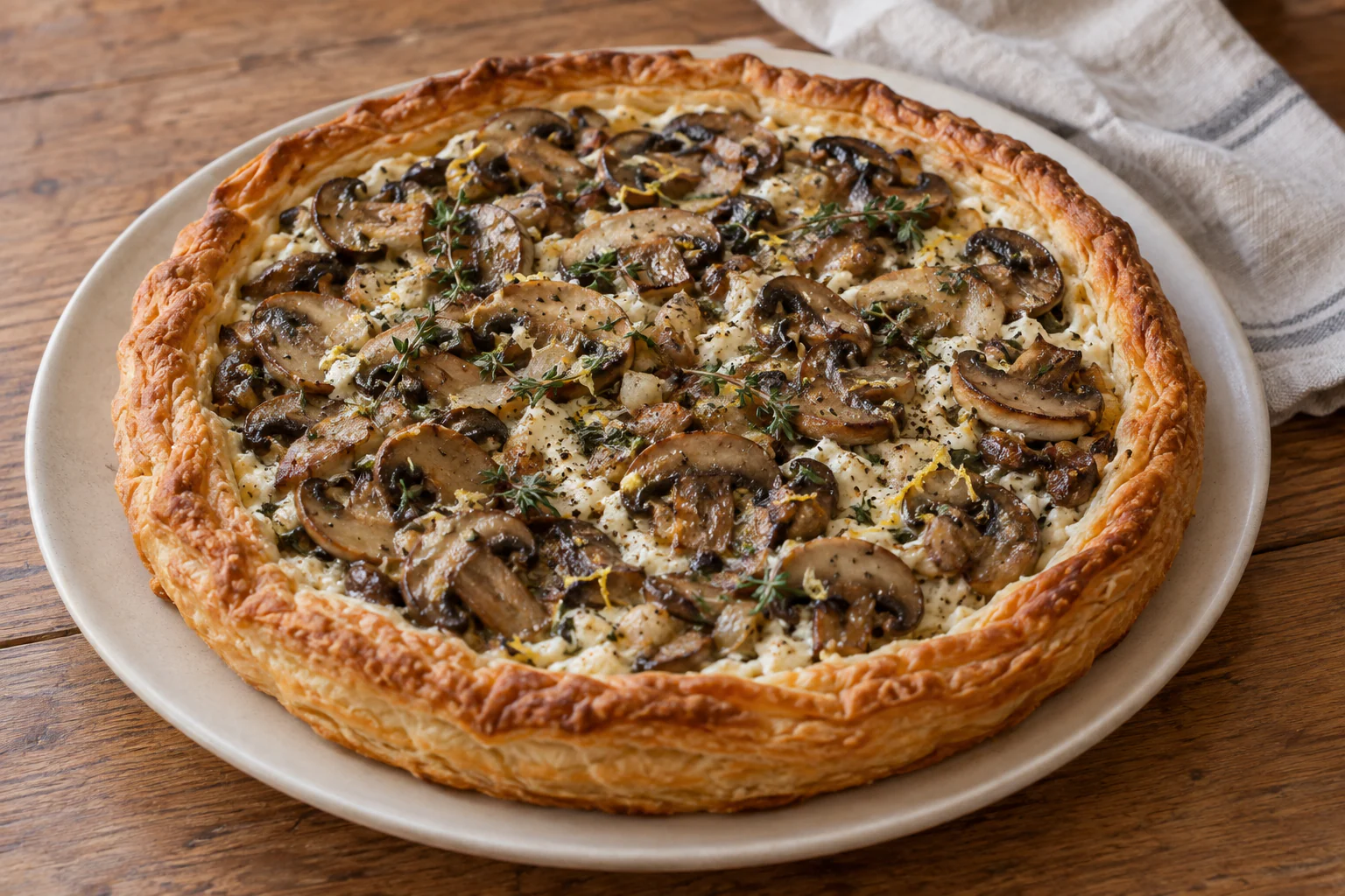 Tarte dorée aux champignons, ricotta citronnée et thym frais
