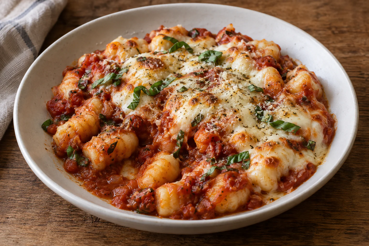 Gratin de gnocchis à la sauce tomate avec mozzarella fondue et basilic