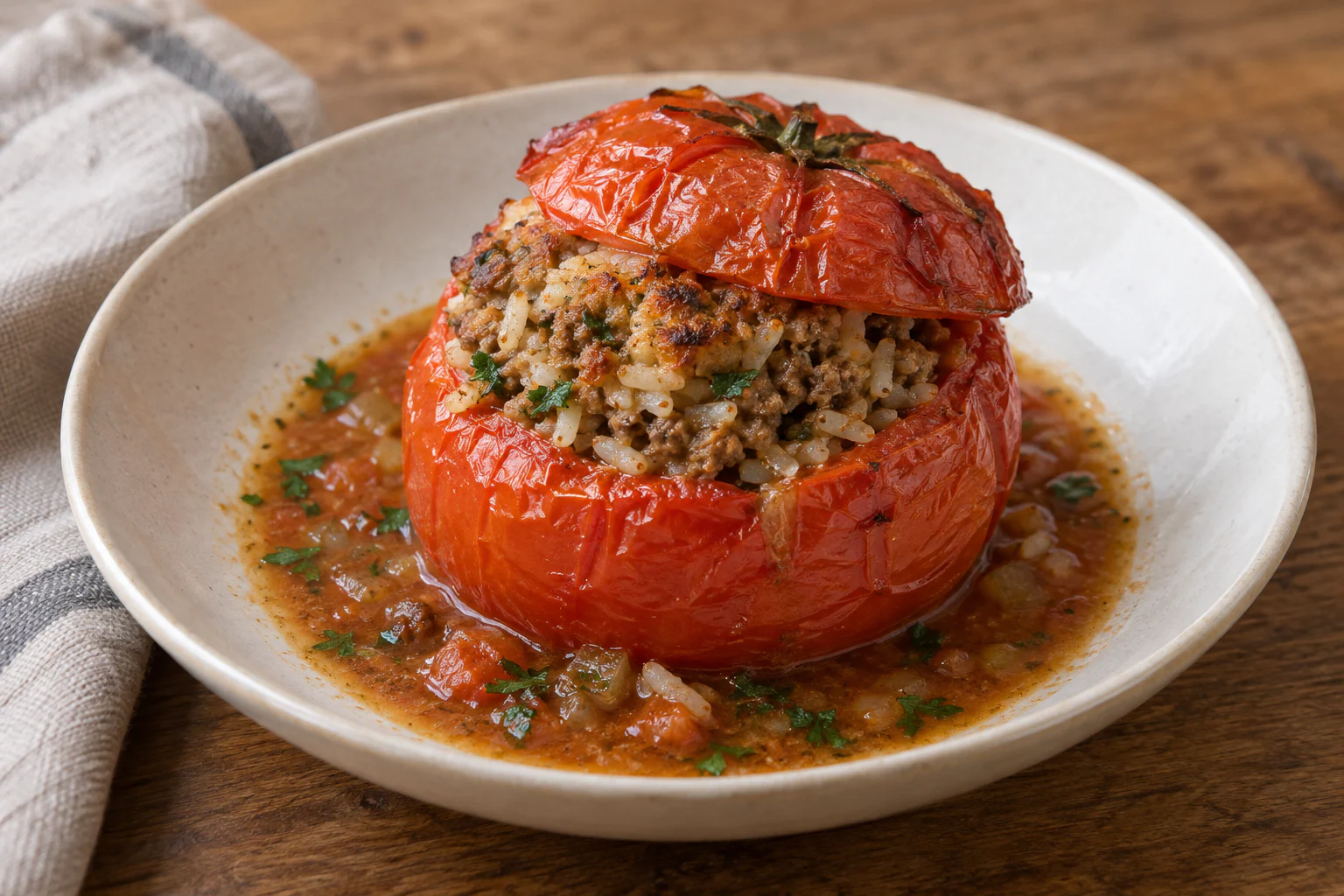 Tomates farcies au bœuf et au riz dorées dans un plat avec leur chapeau