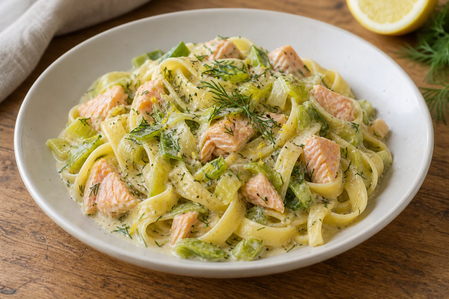 Tagliatelles crémeuses avec saumon, fondue de poireaux, citron et aneth