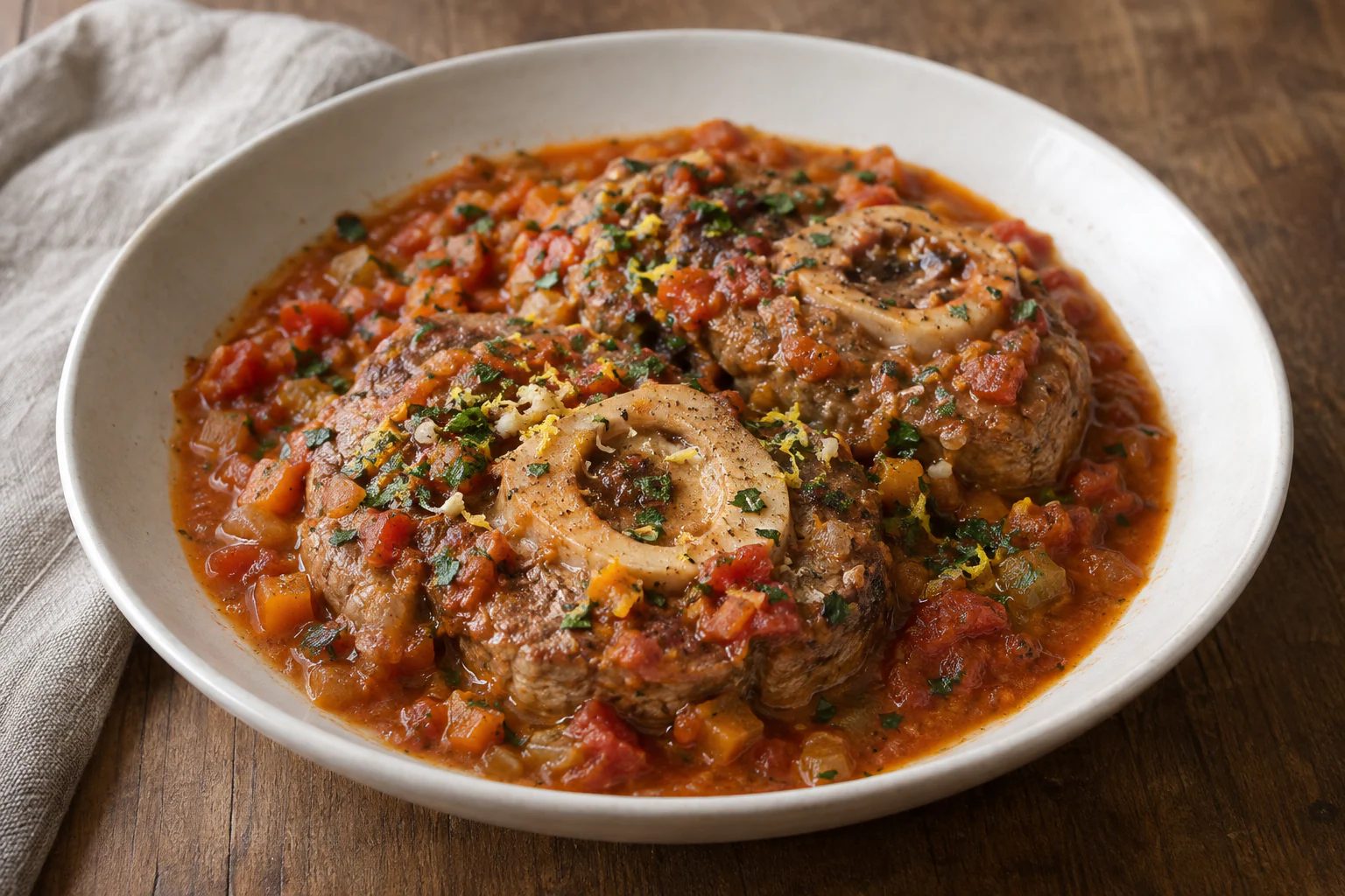Osso buco de veau à la milanaise avec sauce tomate, carottes, citron et persil