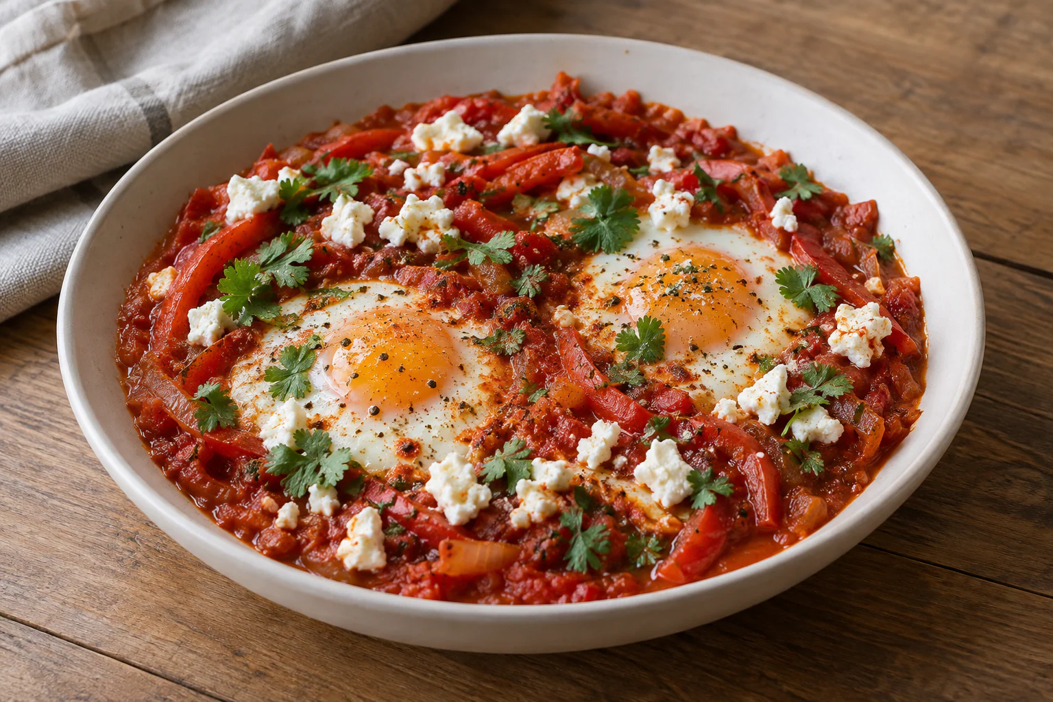 Shakshuka aux poivrons rouges avec œufs, feta émiettée et coriandre dans une poêle
