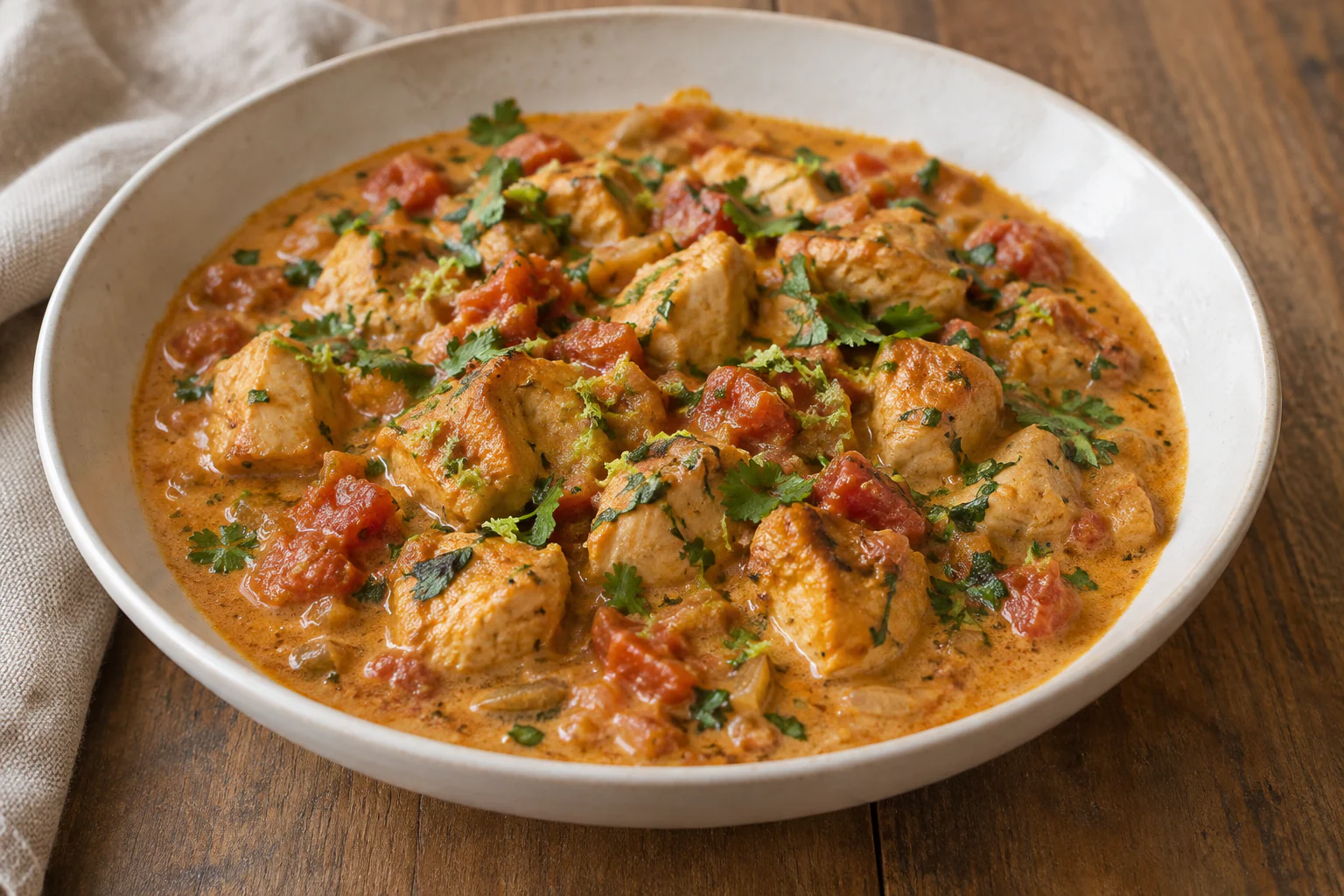 Curry de poulet au lait de coco avec sauce orangée, coriandre et quartier de citron vert