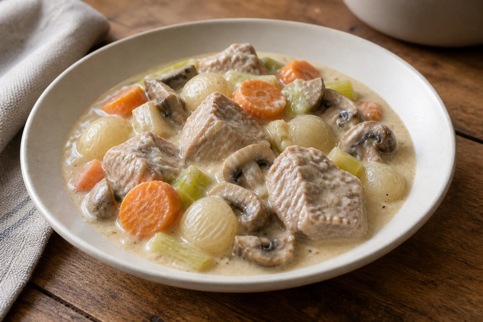 Blanquette de veau traditionnelle avec morceaux de veau, carottes, champignons et sauce blanche