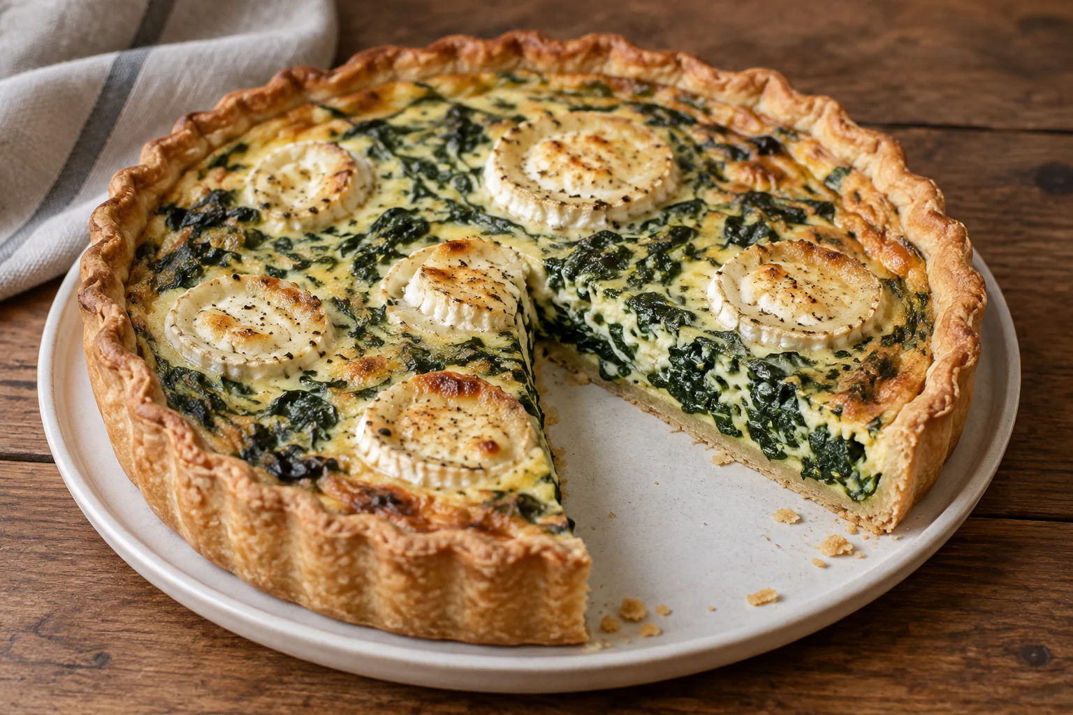 Quiche aux épinards et au chèvre dorée avec rondelles de fromage visibles
