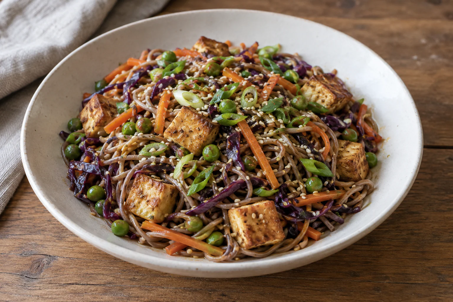 Nouilles soba au tofu doré avec carottes, chou rouge et petits pois