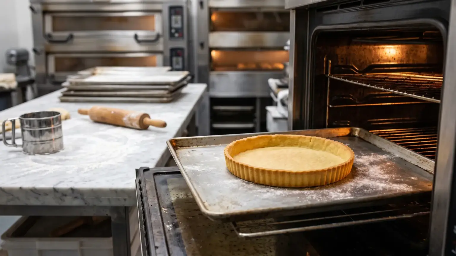 Fond de pâte à tarte doré sortant du four, bords bien droits sans rétraction