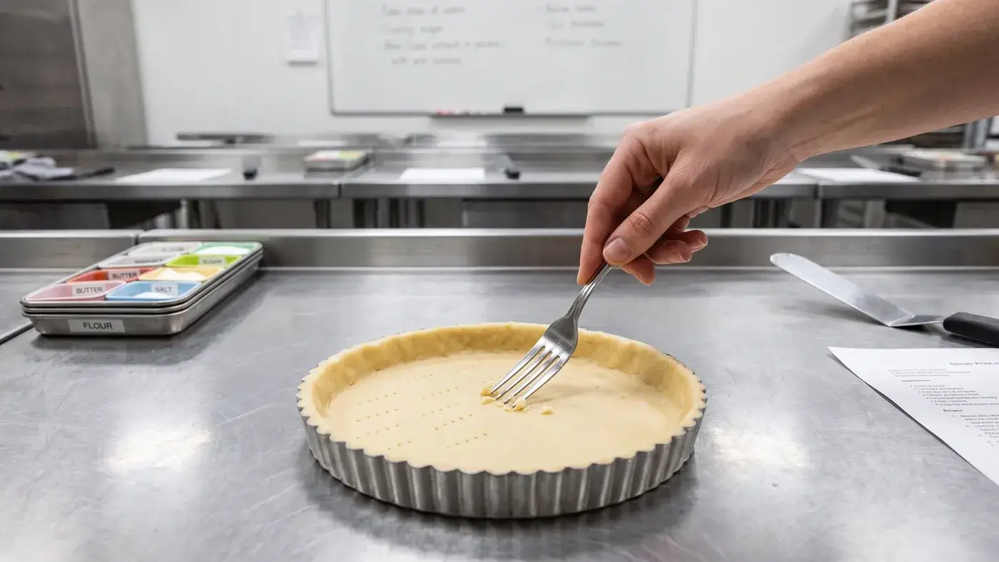 Fond de pâte à tarte piqué à la fourchette dans un moule, avant cuisson à blanc