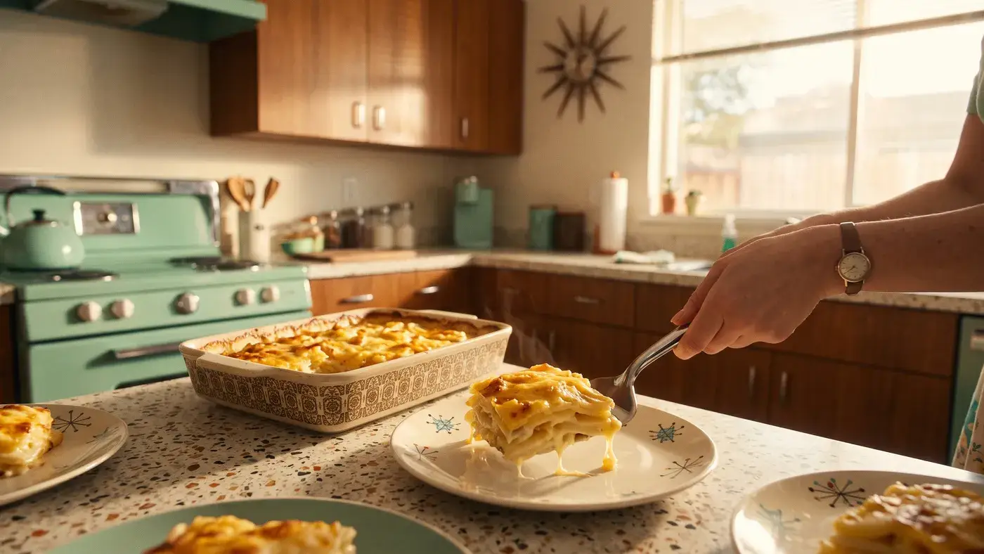 Gratin dauphinois doré sortant du four, servi en portions dans un plat