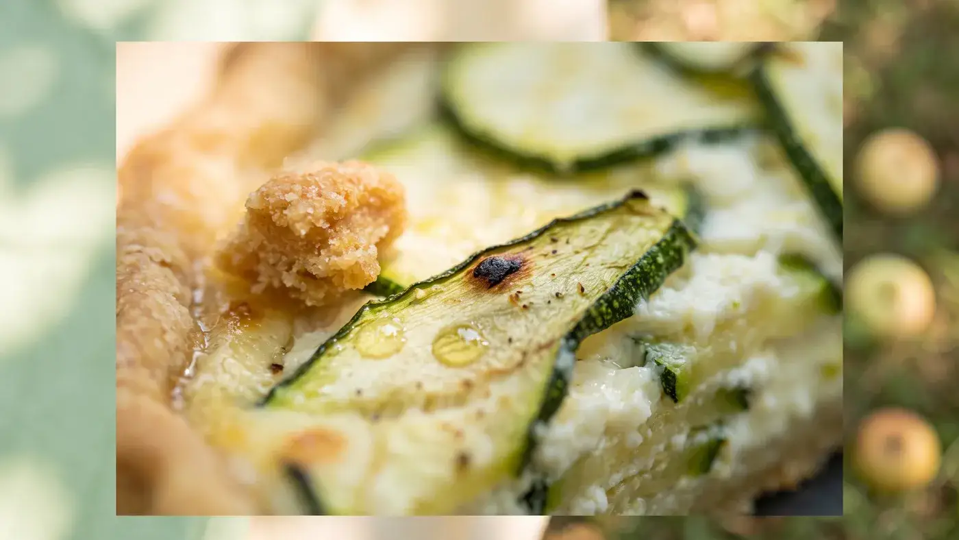 Tarte fine aux courgettes et au chèvre, tranche coupée révélant les légumes et le fromage