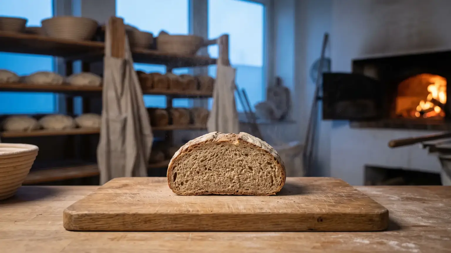 Tranche de pain de campagne rassis posée sur une planche en bois, prête à être transformée