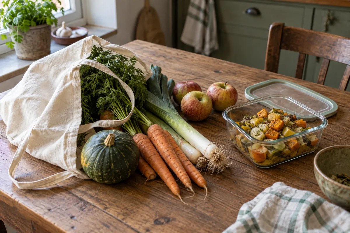 Sac en tissu, légumes de saison, pommes et restes de légumes dans une boîte en verre sur une table