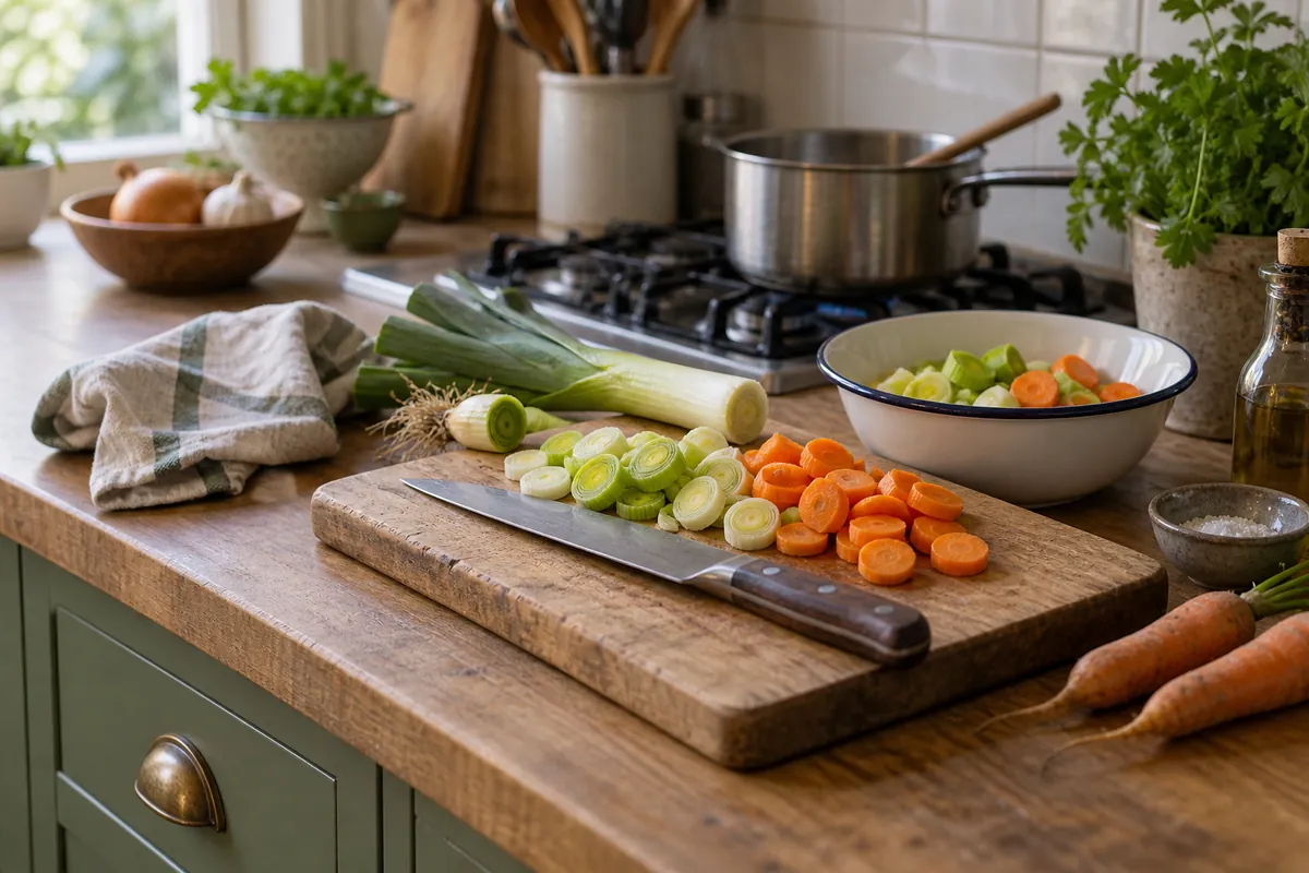 Poireaux et carottes découpés sur une planche en bois, près d’une casserole dans une cuisine lumineuse