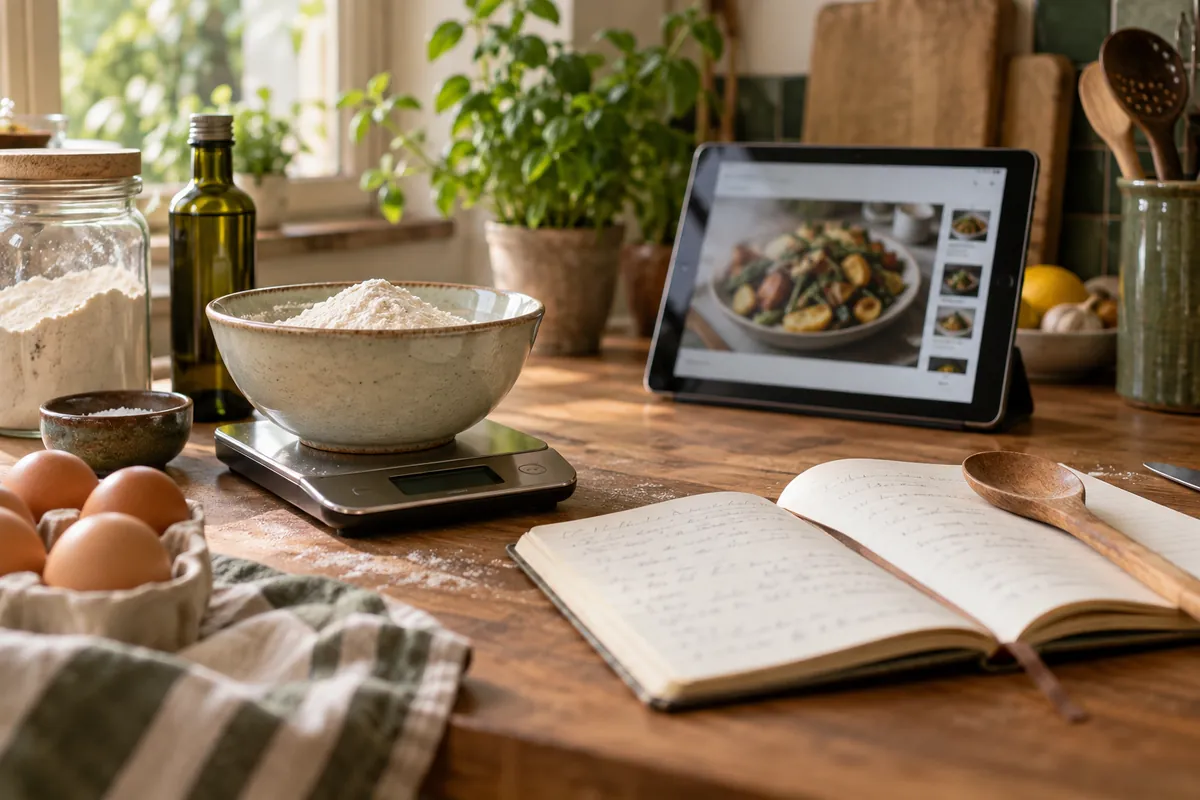 Tablette affichant un plat, balance avec un bol de farine et carnet de cuisine sur un plan de travail
