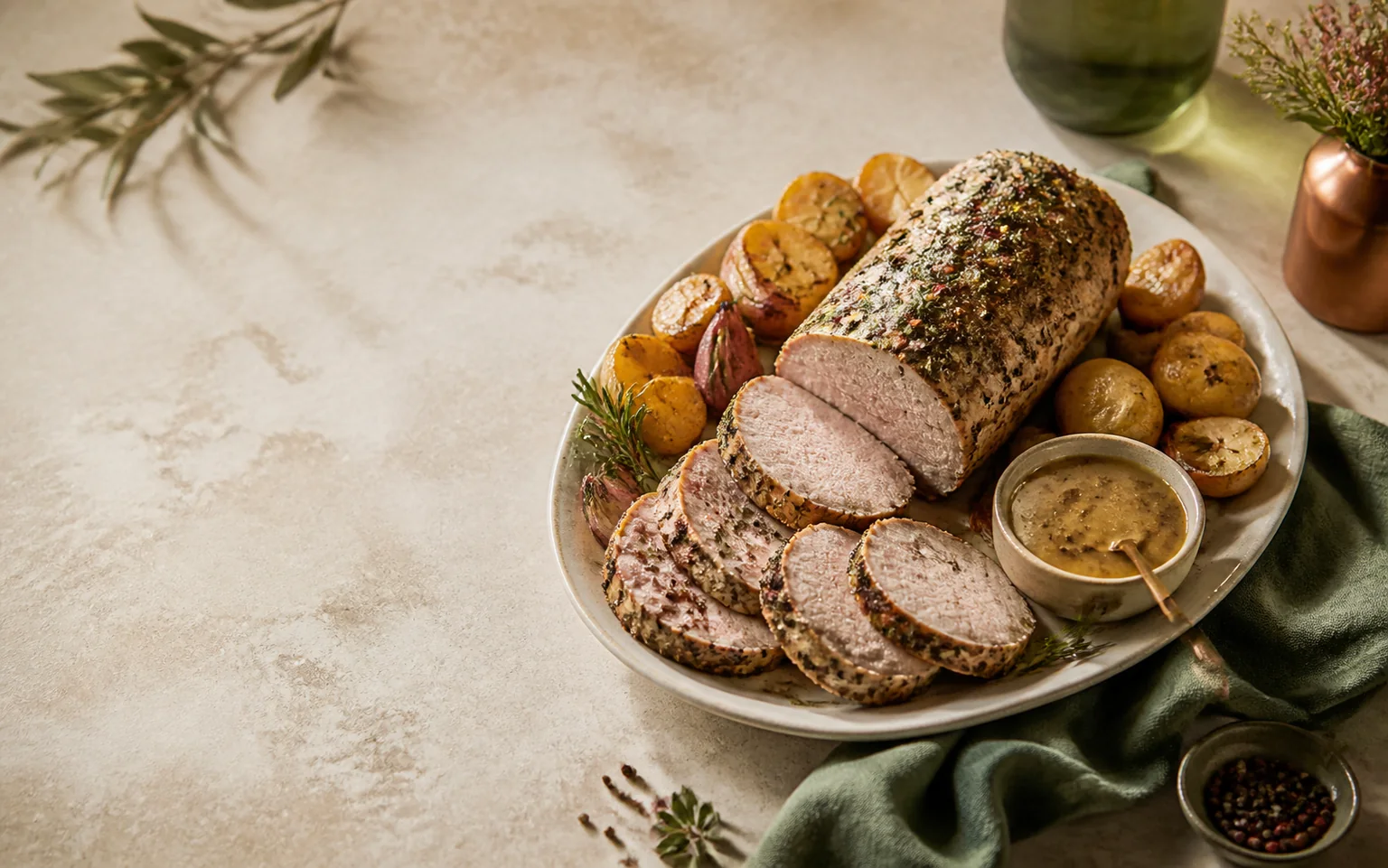 Rôti de porc aux herbes tranché avec pommes de terre, échalotes et sauce moutarde